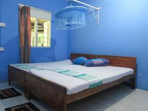 ein blaues Schlafzimmer mit einem Bett in einem Zimmer in der Unterkunft Levi's Tourist – Anuradhapura in Anuradhapura