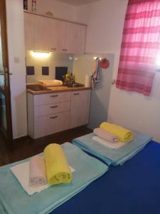 a kitchen with two beds and a sink at Apartmani Rosanda 2 in Petrcane