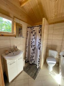 La salle de bains est pourvue de toilettes, d'un lavabo et d'une douche. dans l'établissement Domek nad Solina z klimatyzacją, à Uherce Mineralne