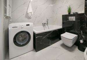 a bathroom with a washing machine and a sink at Oxygen apartament nr 2 in Mielec