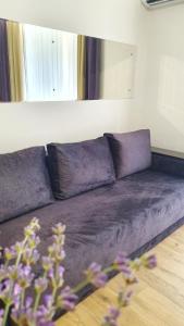 a purple couch in a living room with a mirror at DeMar Apart Violet in Lviv