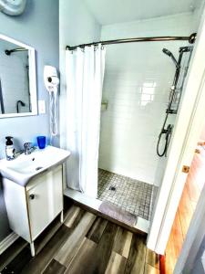 a white bathroom with a shower and a sink at Salmon River Motel in Shannonville +8 photos