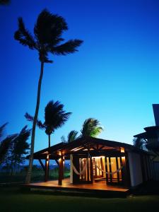 a building with a palm tree in front of the ocean at Casa Mia Pousada in Cabedelo