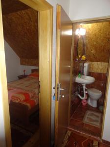 a bathroom with a sink and a toilet and a bed at Guest House Happy in Žabljak