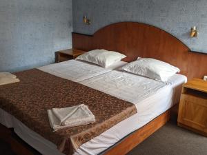 a bedroom with a large bed with a wooden headboard at Hotel Palma Weiss in Kranevo