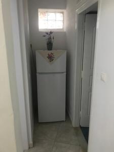 a small white refrigerator in a hallway with a window at Asimina Studios in Donoussa