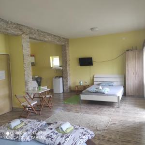 ein Wohnzimmer mit zwei Betten und einem Fernseher in der Unterkunft Mirella33 in Palić + 43 Fotos