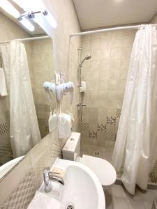ノヴォチェルカッスクにあるHotel Platov na Dubovskogoのバスルーム(洗面台、トイレ、鏡付)