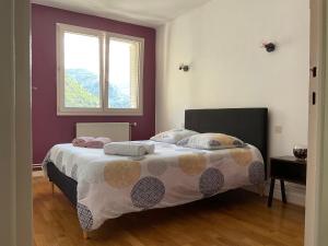 1 dormitorio con 1 cama con 2 almohadas y ventana en La BELLE VUE en Saint-Claude