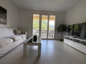 a living room with a couch and a television at La BELLE VUE in Saint-Claude