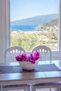 een tafel met een kom paarse bloemen erop bij Mema's Home -2 bedrooms- with stunning sea view in Ayia Evfimia