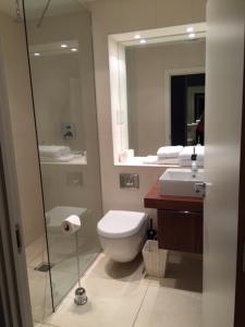 a bathroom with a toilet and a sink and a mirror at City Centre Luxurious Cambridge 2 Bed Apartment with Balcony, Lift, Free Parking, Fast WIFI & Sleeps 6 in Cambridge