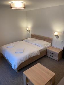 - une chambre avec un grand lit et 2 tables dans l'établissement Pension Clara, à Karlovy Vary