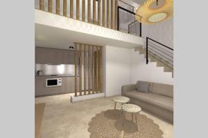 a living room with a couch and a staircase at Palma Seaside Villa 1 in Sarti