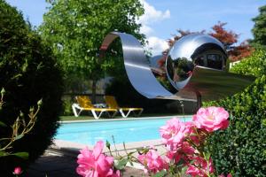 ogród z basenem i metalowym lustrem w obiekcie Hotel Pongauerhof w mieście Flachau