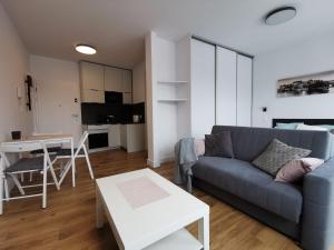 a living room with a couch and a table at Apartamenty Garbary 32 z klimatyzacja - air-conditioning in Poznań