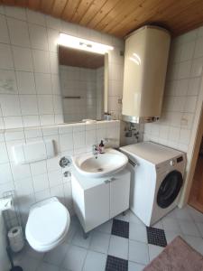 a white bathroom with a toilet and a sink at Studio Apartment in Bermatingen