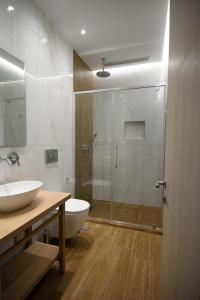 a bathroom with a shower and a toilet and a sink at Villa Ikaros in Ammoudia