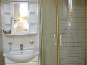 y baño con ducha, lavabo y espejo. en Maison Theresa en Bourth