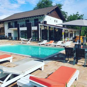 a swimming pool with chairs and a house at Casa Artemis-jacuzzi și piscină in Pianu de Sus