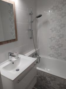 uma casa de banho branca com um lavatório e um chuveiro em Hanna Apartman em Veszprém