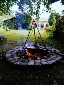 a pot over a fire in a fire pit at Milosev Konak in Aleksandrovac