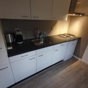 uma cozinha com armários brancos e um lavatório em Chalet 't Veluws stulpje "GENIET, ONTSPAN EN DROOM EVEN LEKKER WEG!" em Putten