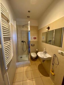 a bathroom with a shower and a toilet and a sink at Ametyst Hostel in Krakow