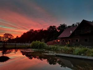 a sunset over a pond in front of a barn at Camping Farm in Karczów +36 photos