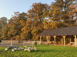 a park with a picnic table and a pavilion at Camping Farm in Karczów