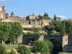 un castillo en una colina con un puente y árboles en C’est une maison bleue en Carcassonne