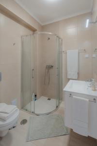 een badkamer met een douche, een toilet en een wastafel bij 20 da Vila - Apartment With Mezzanine With Panoramic Terrace in São Bartolomeu de Messines