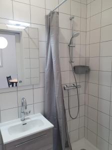 W łazience znajduje się prysznic i umywalka. w obiekcie Modern Apartment Near The Sea w mieście La Teste-de-Buch