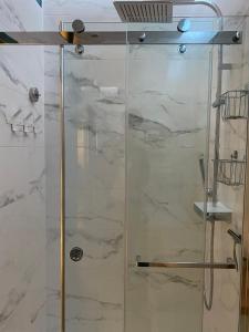 a shower with a glass door in a bathroom at MRTN APARTMENTS Studio & Suites - Aix-les-Bains, hypercentre in Aix-les-Bains +35 photos