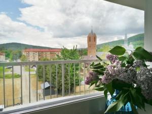 een vaas met bloemen op een balkon met uitzicht op een kerk bij APARTAMENT GROMADZYŃ 39 in Ustrzyki Dolne