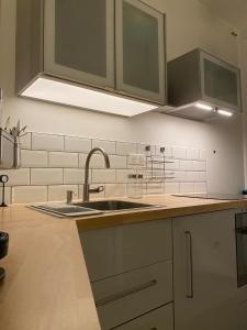 a kitchen with a sink and a counter top at MRTN APARTMENTS Studio & Suites - Aix-les-Bains, hypercentre in Aix-les-Bains