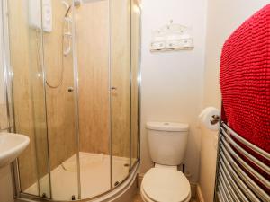 a bathroom with a shower and a toilet and a sink at Spire View in Pickering +4 photos