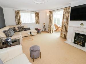 a living room with a couch and a fireplace at 35 Upper Quay Street in Amlwch