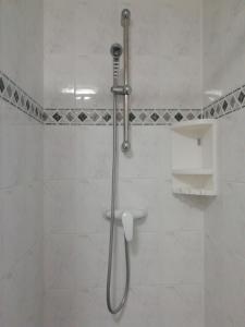 a shower with a shower head in a bathroom at Pokoje przy fontannie in Karwia +47 photos