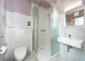 a bathroom with a toilet, sink, and shower at Appartementhaus Zum Strandkorb in Kühlungsborn