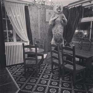 a large bear standing in a room with chairs at Van Gilder Hotel in Seward