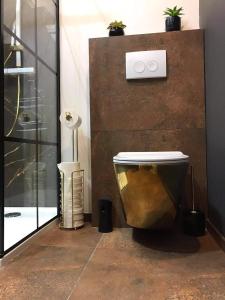 a bathroom with a toilet and a shower at Gold Box Apartament in Gdańsk