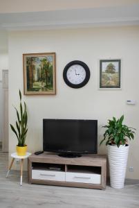 sala de estar con TV y reloj en la pared en Apartament - Przy Rynku en Tarnowskie Góry