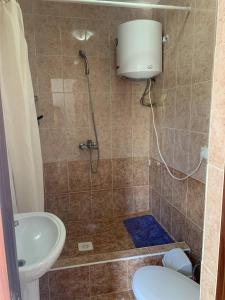 a bathroom with a shower with a toilet and a sink at Delfin Murok in Bosteri