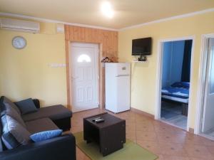 ein Wohnzimmer mit einem Sofa und einem Kühlschrank in der Unterkunft Aleksandros in Mezőkövesd