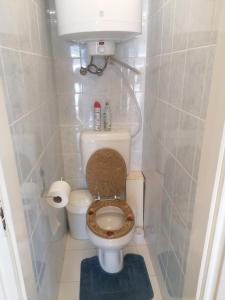 a small bathroom with a toilet with a brown seat at Aleksandros in Mezőkövesd