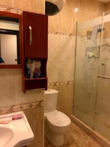 ハルガダにあるGravity apartments in gravity hotel sahl hasheesh أجانب فقطのトイレとガラスのシャワー付きのバスルーム +16枚の写真