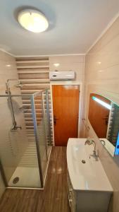 a bathroom with a shower and a sink and a mirror at Apartments Crljen in Brodarica