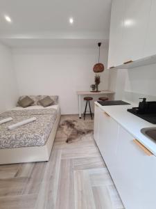 a bedroom with a bed on a wooden floor at Balance apartments in Koper +32 photos