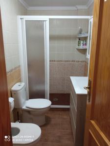 a bathroom with a toilet and a shower at Casa Angelus in Águilas